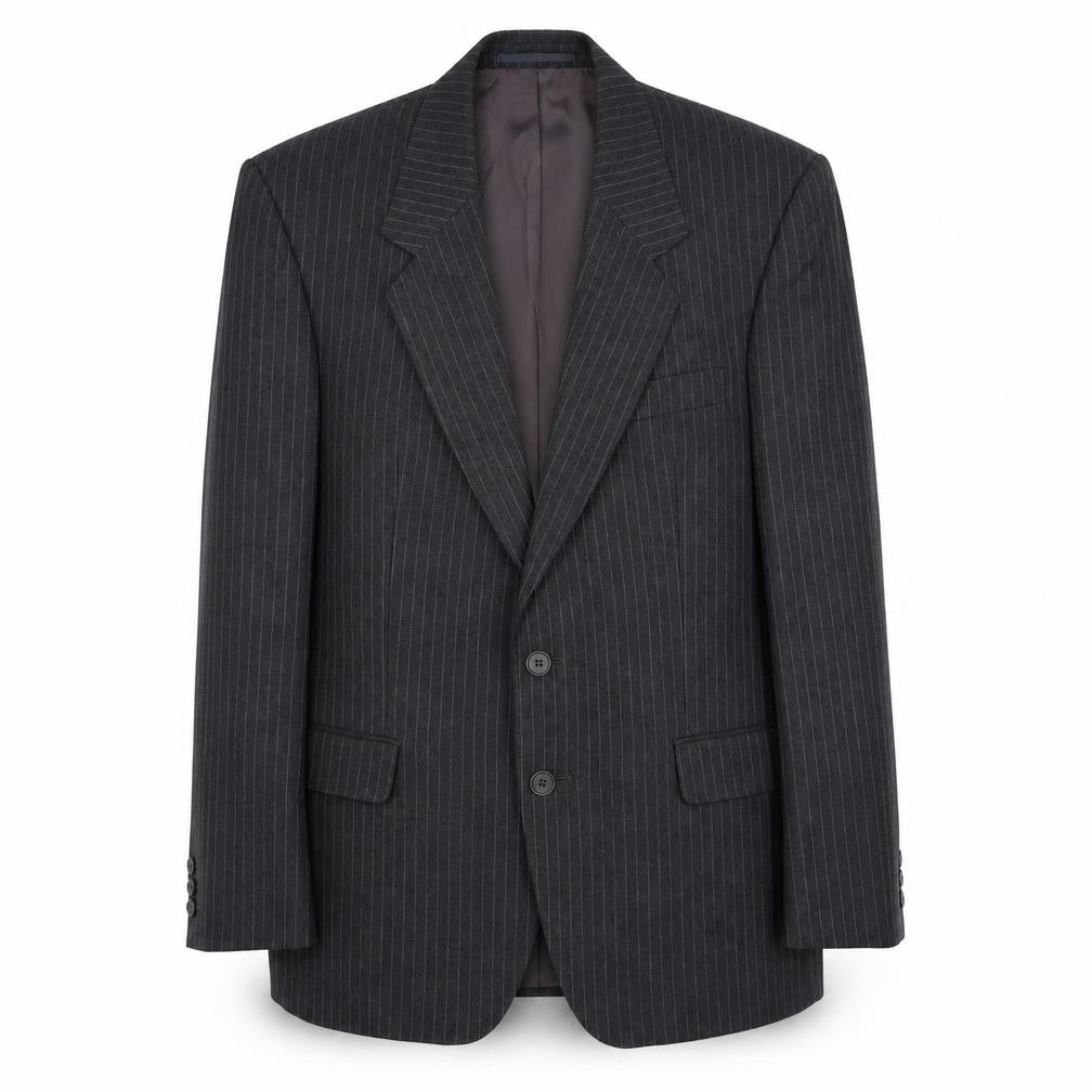 Front view of Vartkes men’s grey striped polyester jacket suit jacket, size 42, regular