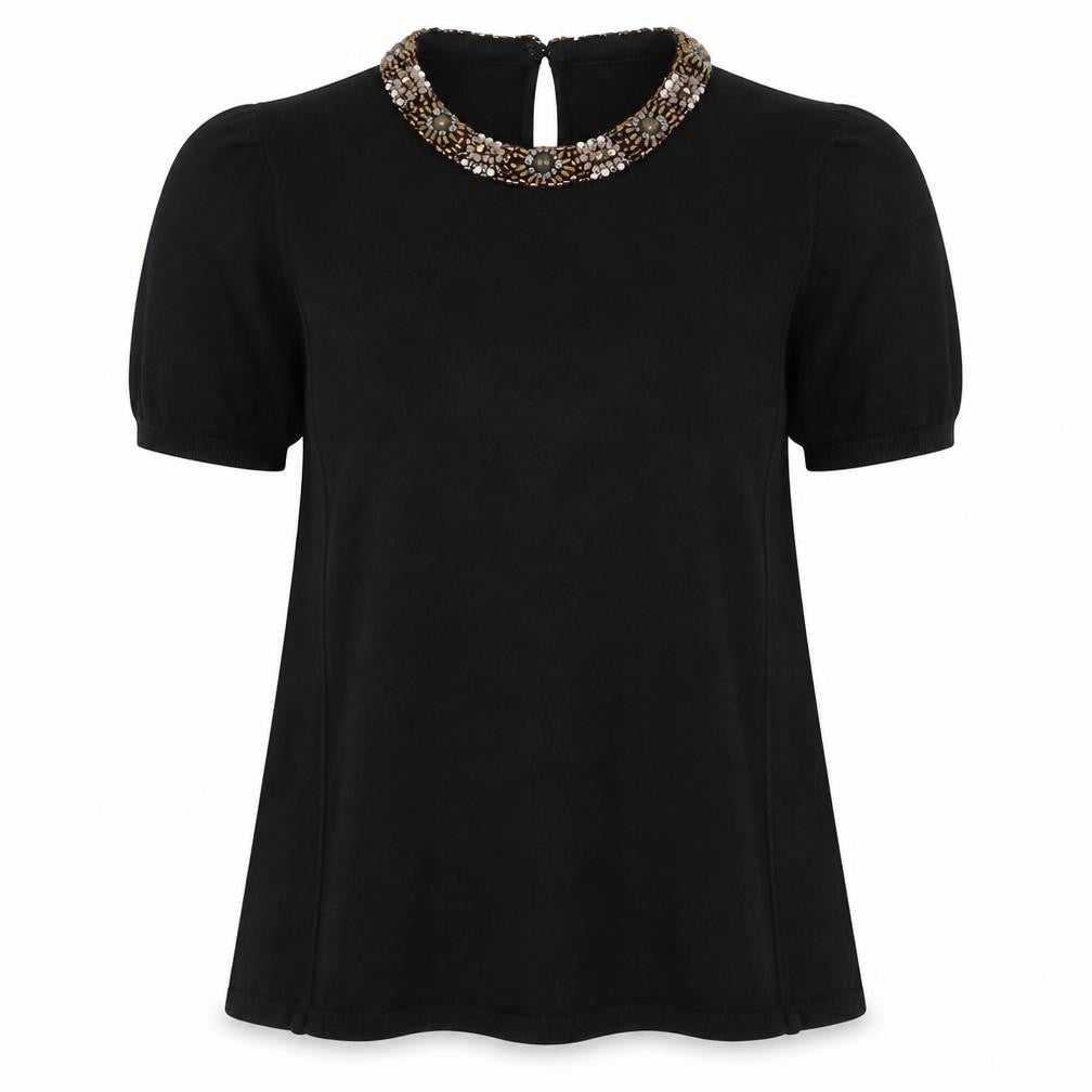 Front view of HWR women’s black cotton basic blouse, size M, round neck
