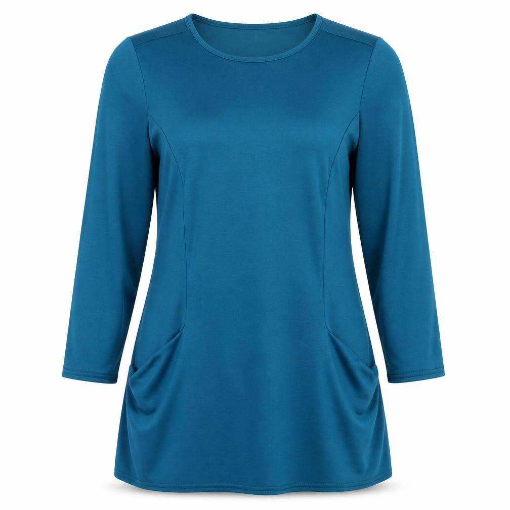 Front view of Stock Shop women’s blue polyester a-line, size M, round neck pullover