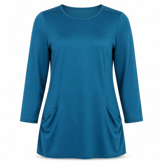 Front view of Stock Shop women’s blue polyester a-line, size M, round neck pullover