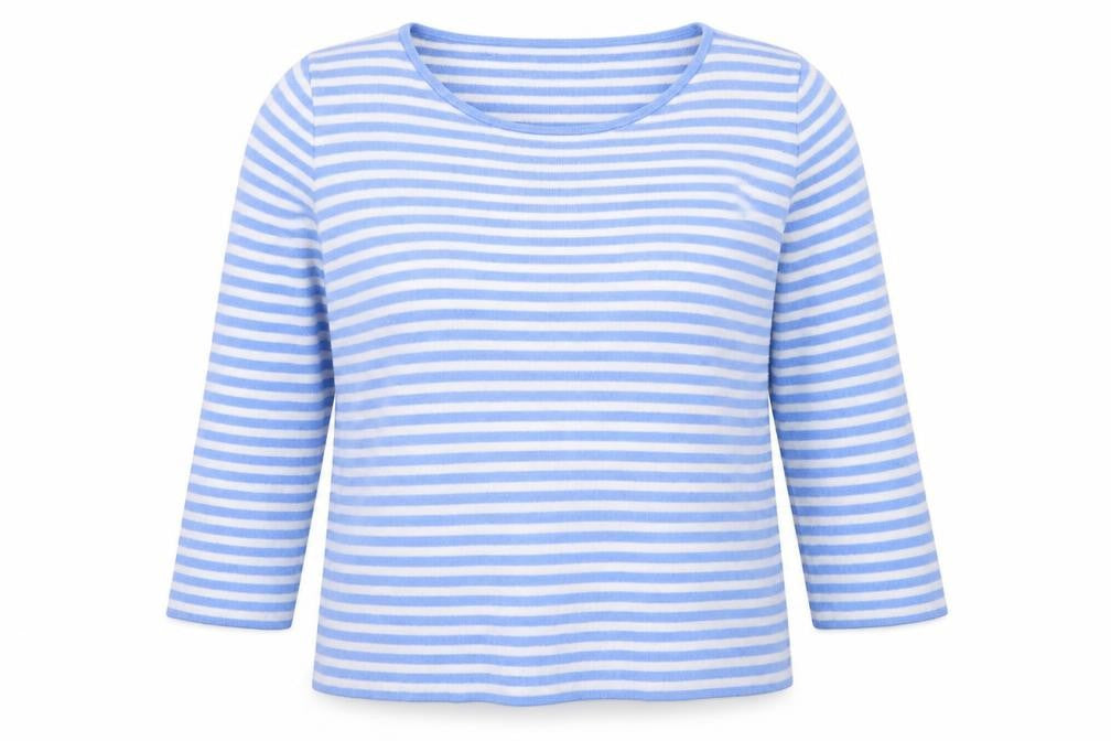 Front view of Gap women’s blue round neck striped polyester jumper, size XS