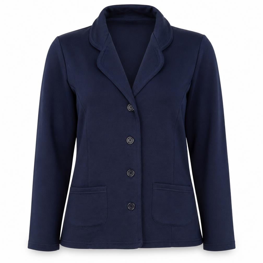 Front view of Damart women’s blue polyester jacket blazer, size UK 10, -, size UK 10-12