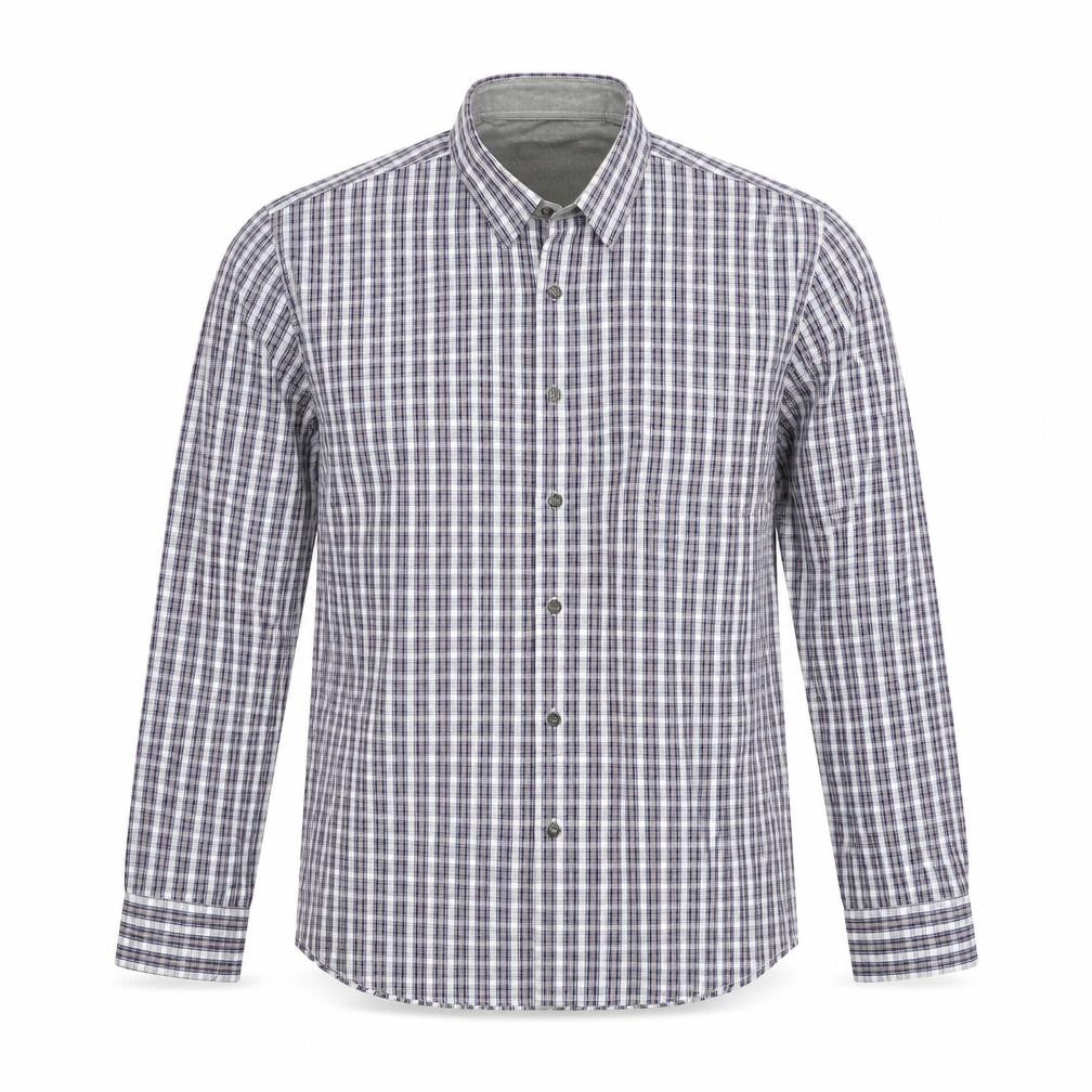Front view of Aspen & Court men’s blue plaid cotton button-up, size L, collared button