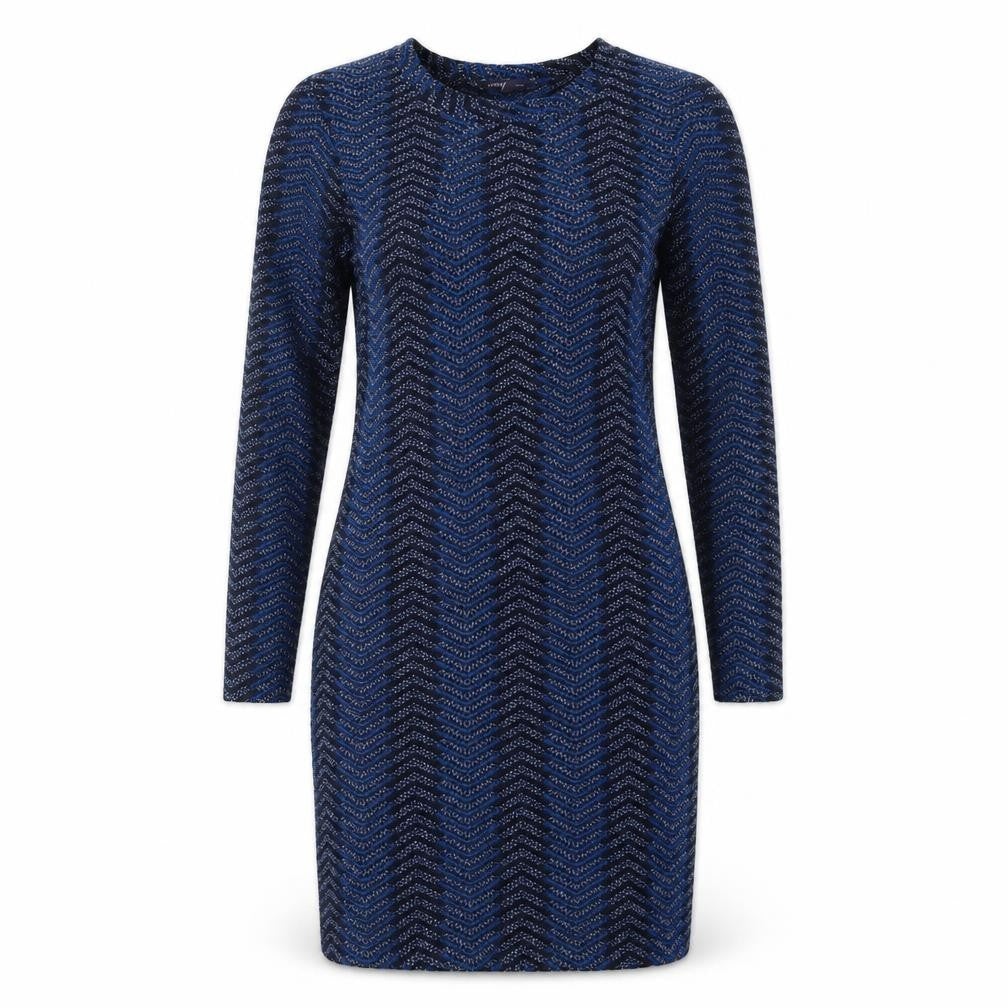 Front view of Marks & Spencer women’s blue geometric polyester bodycon, size UK 10, round neck pullover