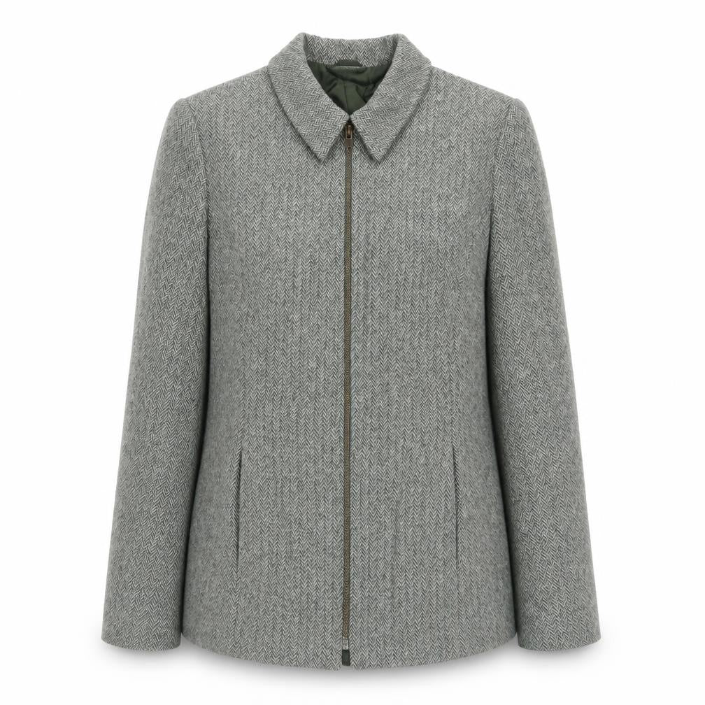 Front view of FOSBY women’s green herringbone jacket, size UK 12, zip