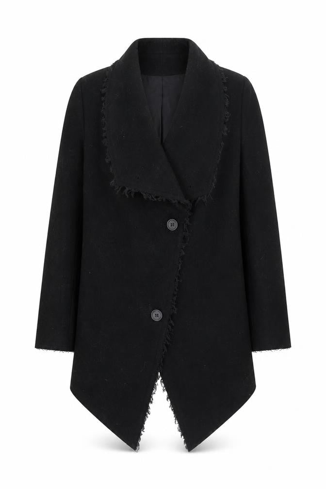 Front view of H&M women’s black overcoat coat, size UK 10, button