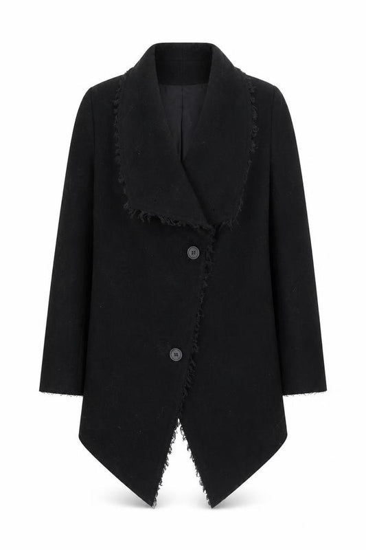 Front view of H&M women’s black overcoat coat, size UK 10, button