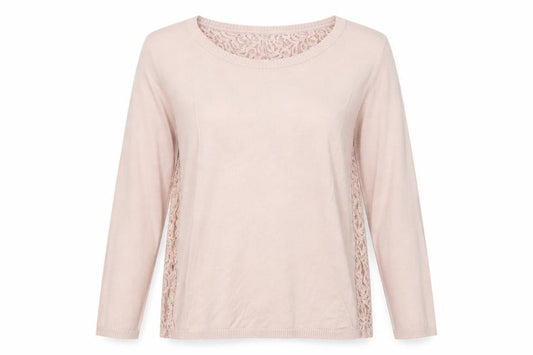 Front view of Next women’s pink round neck cotton jumper, size UK 12, - lace details on back