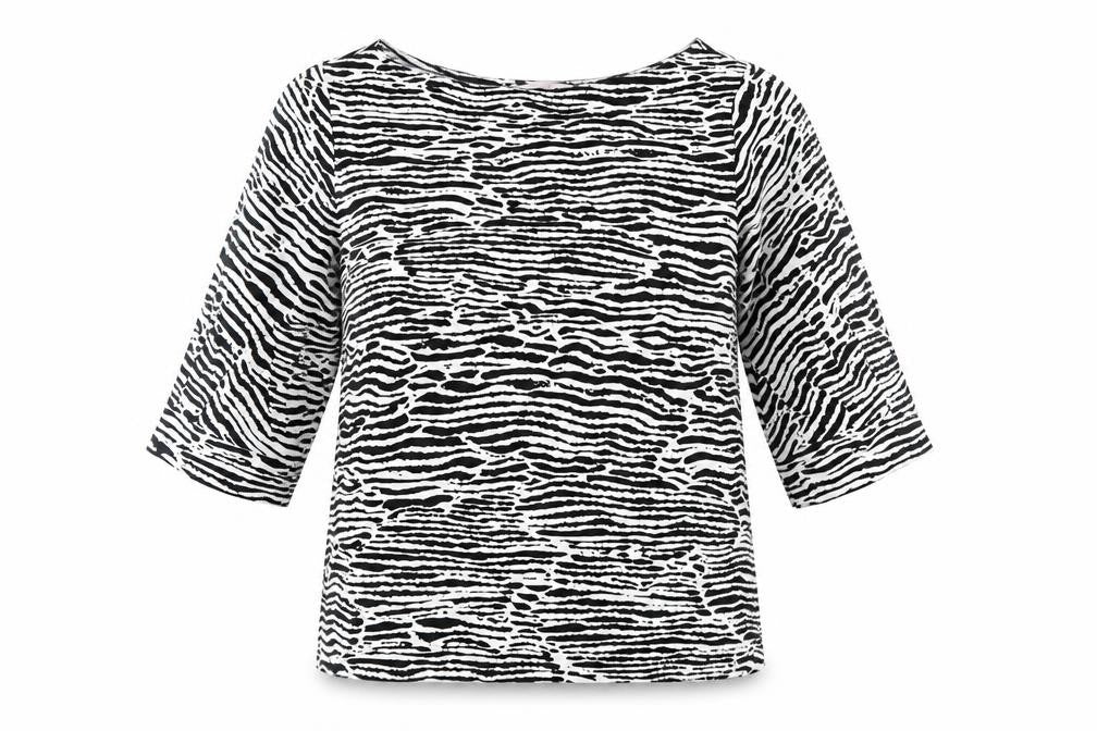 Front view of H&M women’s white geometric polyester basic blouse, size S, round neck