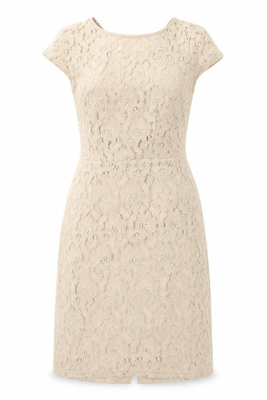 Front view of Dorothy Perkins women’s beige floral nylon a-line, size UK 8, round neck zip
