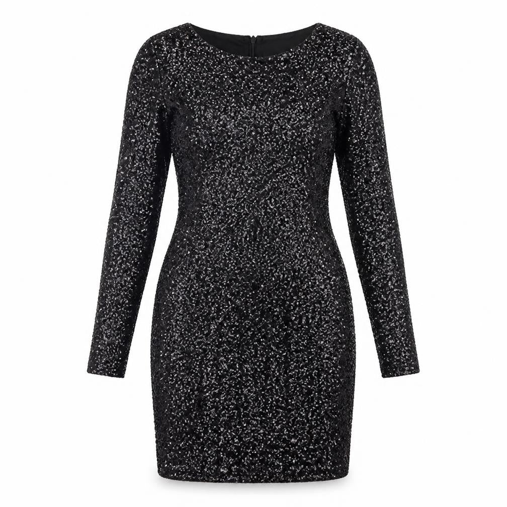 Front view of women’s black polyamide bodycon, size UK 10, round neck zip