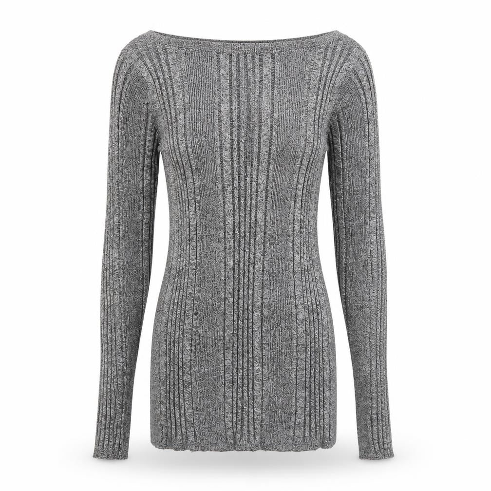 Front view of Marks & Spencer women’s grey boat neck viscose jumper, size UK 8, pullover