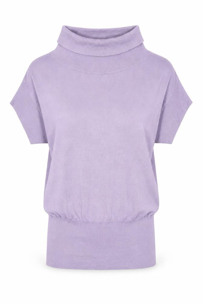 Front view of Look women’s purple cowl neck acrylic jumper, size UK 8