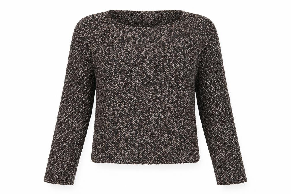 Front view of BSB women’s brown round neck geometric cotton jumper, size M, - open back