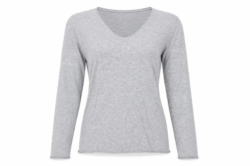 Front view of Marinello women’s grey v-neck acrylic jumper, size S