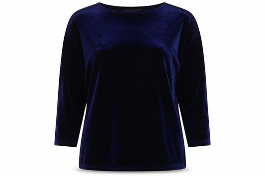 Front view of Premium women’s blue round neck polyester jumper, size UK 12