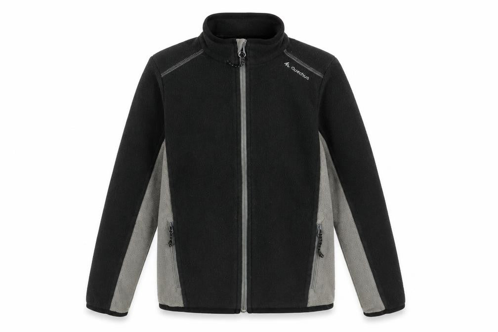 Front view of Quechua boys’ grey geometric jacket, size 10, years zip