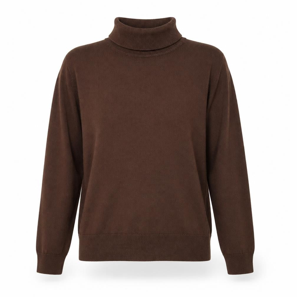 Front view of Escorpion women’s brown roll neck acrylic jumper, size M