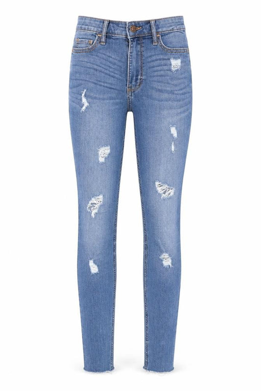 Front view of Hollister women’s blue cotton skinny jeans, size UK 24, in, 30-inch leg regular zip