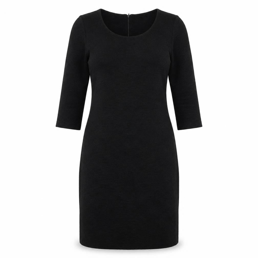 Front view of Rue Paris women’s black polyester a-line, size UK 8, round neck zip