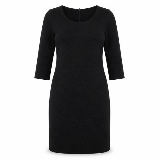 Front view of Rue Paris women’s black polyester a-line, size UK 8, round neck zip