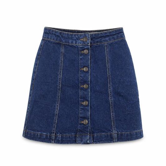 Front view of New Look women’s blue cotton a-line skirt, size UK 6, button