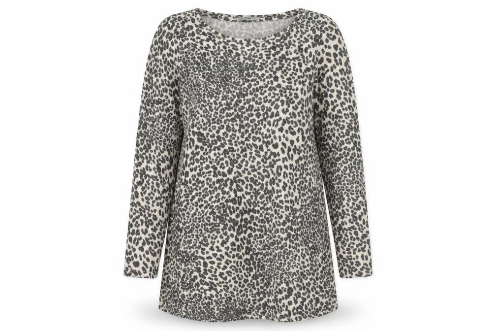 Front view of George women’s brown round neck animal print viscose jumper, size UK 8, - leopard pattern