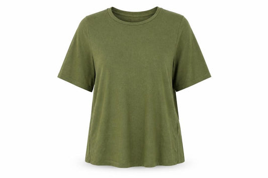 Front view of ASOS women’s green viscose basic t-shirt, size UK 4, round neck