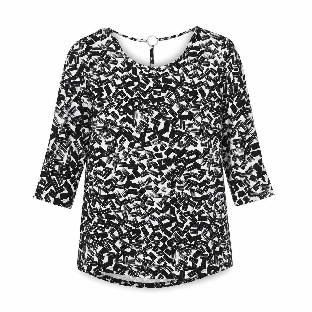 Dorothy Perkins Womens Black Geometric Viscose Basic Blouse Size 10 Round Neck - Ring Detail on Back