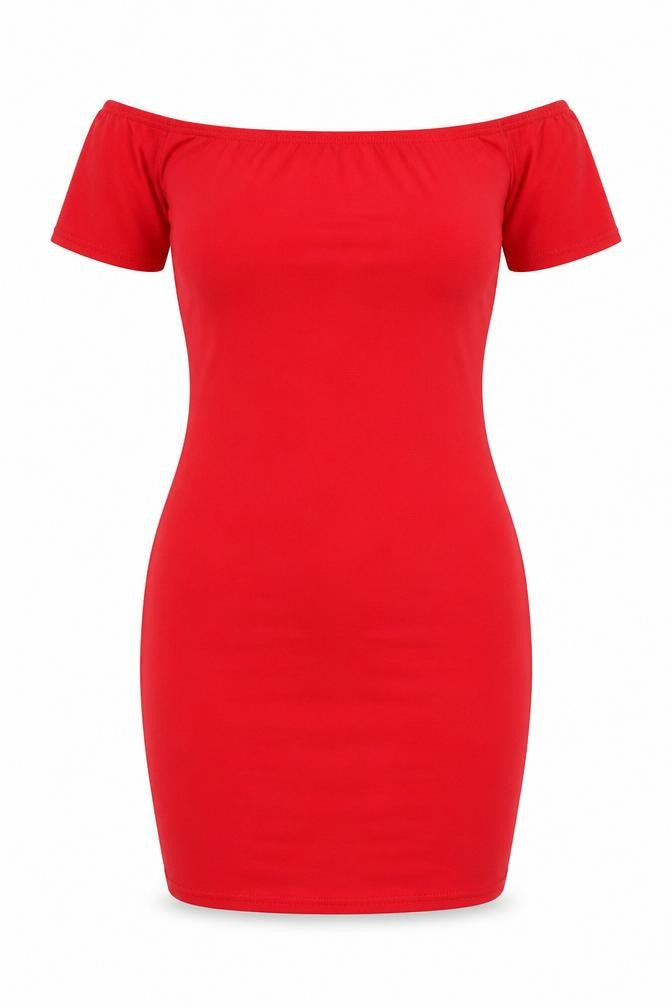 Front view of In the Style women’s red viscose bodycon, size UK 10, off the shoulder pullover