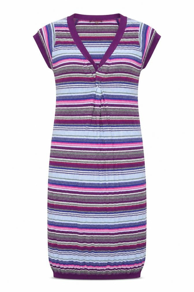 Front view of Phase Eight women’s multicoloured striped polyester a-line, size UK 10, v-neck pullover