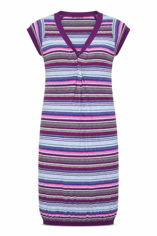 Front view of Phase Eight women’s multicoloured striped polyester a-line, size UK 10, v-neck pullover