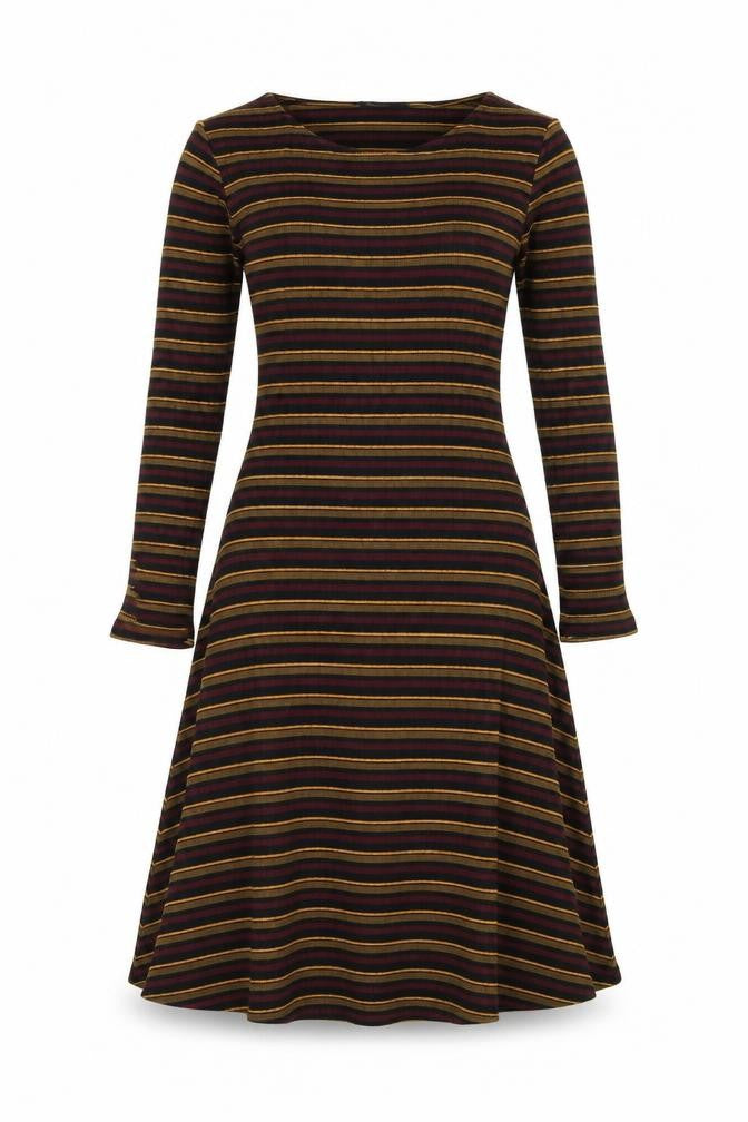 Front view of Forever 21 women’s black striped polyester fit & flare, size S, round neck pullover