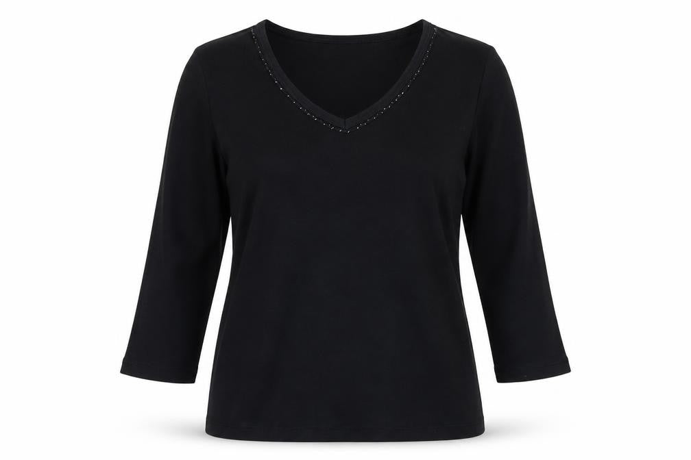 Front view of Lisa Campione women’s black 100% cotton basic blouse, size UK 14, v-neck