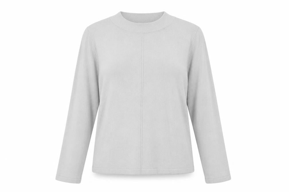 Front view of Marks & Spencer women’s grey mock neck acrylic jumper, size UK 16