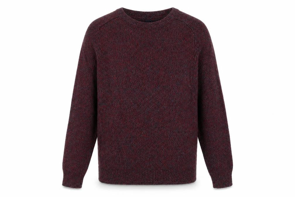 Front view of H&M men’s red round neck acrylic jumper, size S, long sleeve