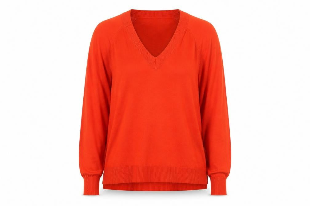 Front view of H&M women’s orange v-neck herringbone acrylic jumper, size M