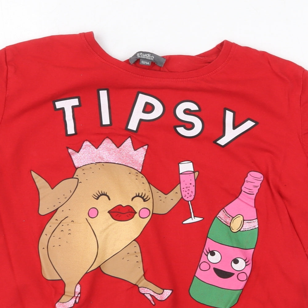 Studio Womens Red 100% Cotton Basic T-Shirt Size 12 Round Neck - Size 12-14 Tipsy Turkey