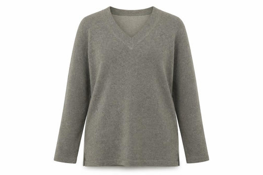 Front view of BHS women’s green v-neck polyester jumper, size UK 14