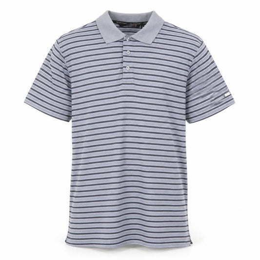 Front view of Colin Montgomre men’s grey striped cotton polo, size M, collared button