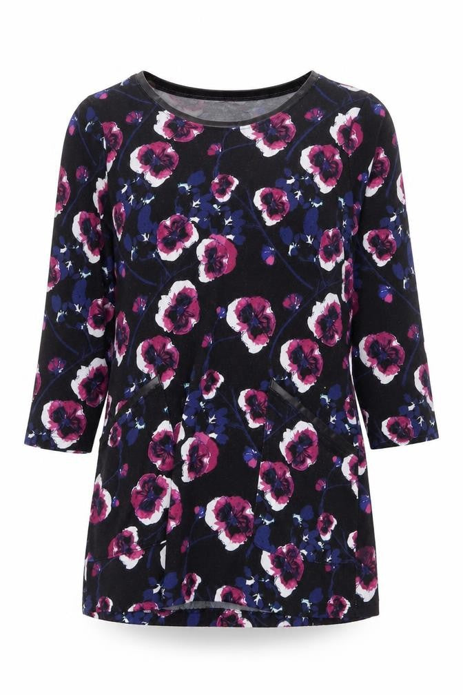 Front view of Day & Night women’s black round neck floral polyester jumper, size UK 12