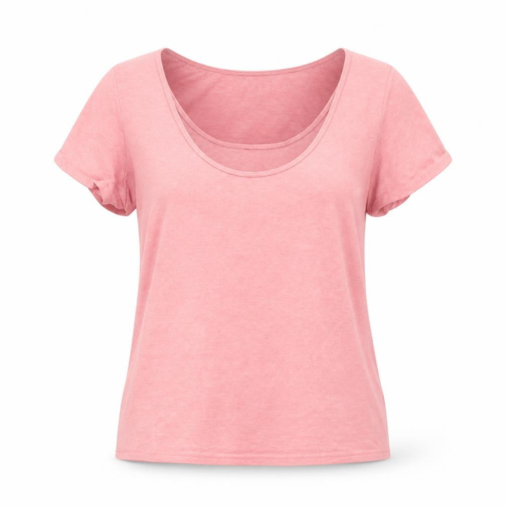 Front view of H&M women’s pink cotton basic t-shirt, size M, round neck