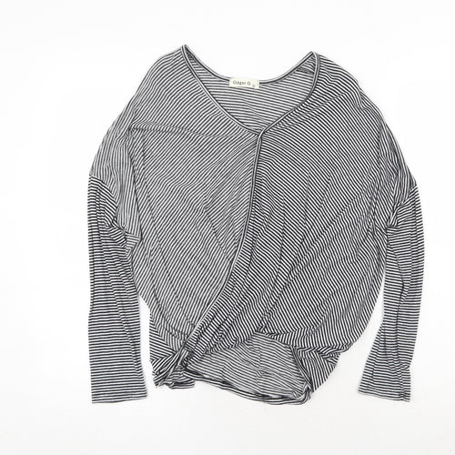 Ginger G Womens Black Striped Viscose Basic T-Shirt Size S V-Neck - Twist Front Detail