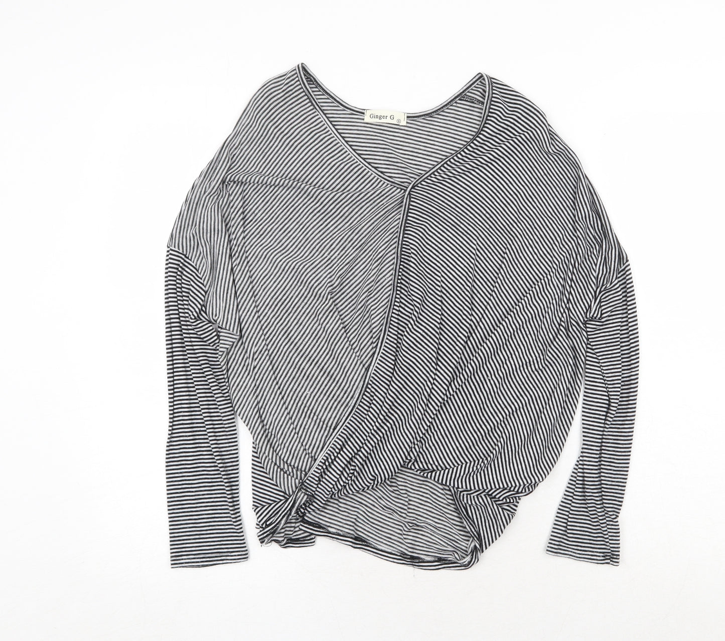 Ginger G Womens Black Striped Viscose Basic T-Shirt Size S V-Neck - Twist Front Detail