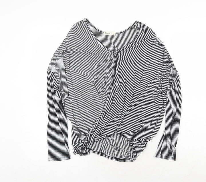 Ginger G Womens Black Striped Viscose Basic T-Shirt Size S V-Neck - Twist Front Detail