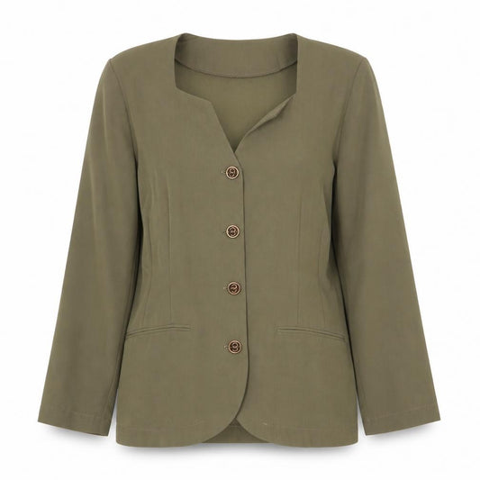 Front view of Gallery women’s green jacket blazer, size UK 12, button