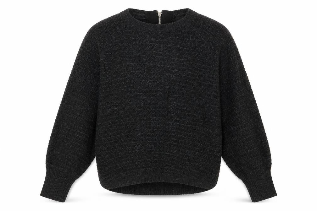 Front view of Golddigga women’s black round neck acrylic jumper, size UK 8