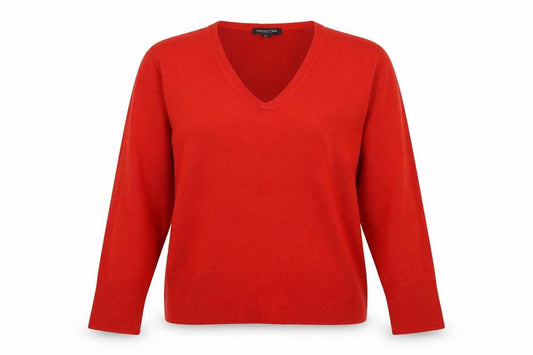 Front view of Debenhams women’s red v-neck acrylic jumper, size UK 12