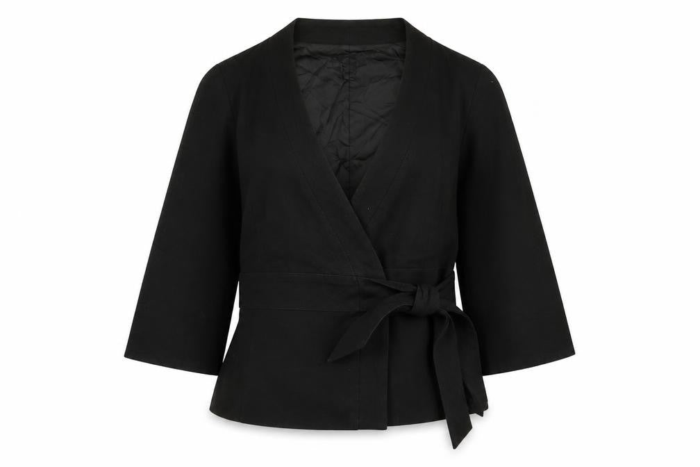 Front view of H&M women’s black jacket, size UK 10, tie - tie side
