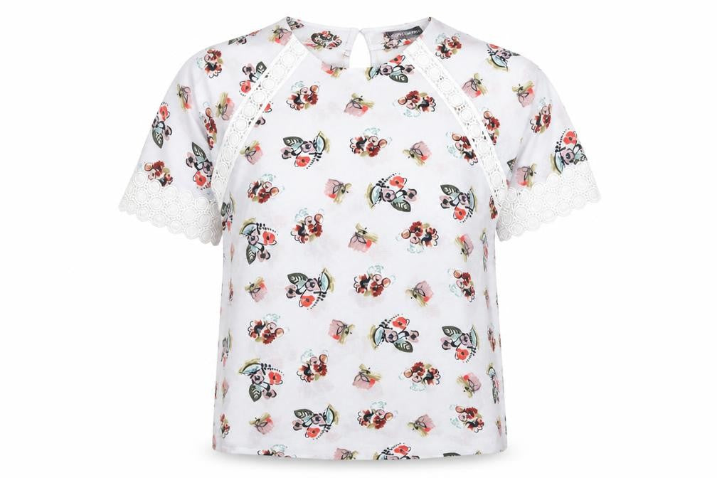 Marks and Spencer Womens White Floral Polyester Basic Blouse Size 10 Round Neck - Crocheted Lace Detail